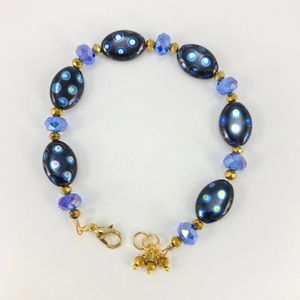 New Black Peacock Beads & Blue Aurora Borealis Crystals Bracelet, Handmade, 7.5”